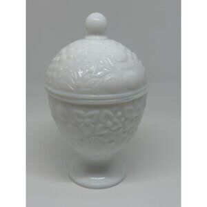 VTG Avon 60s Milk Glass Lidded Candy Dish Compote Embossed Floral Fruit White